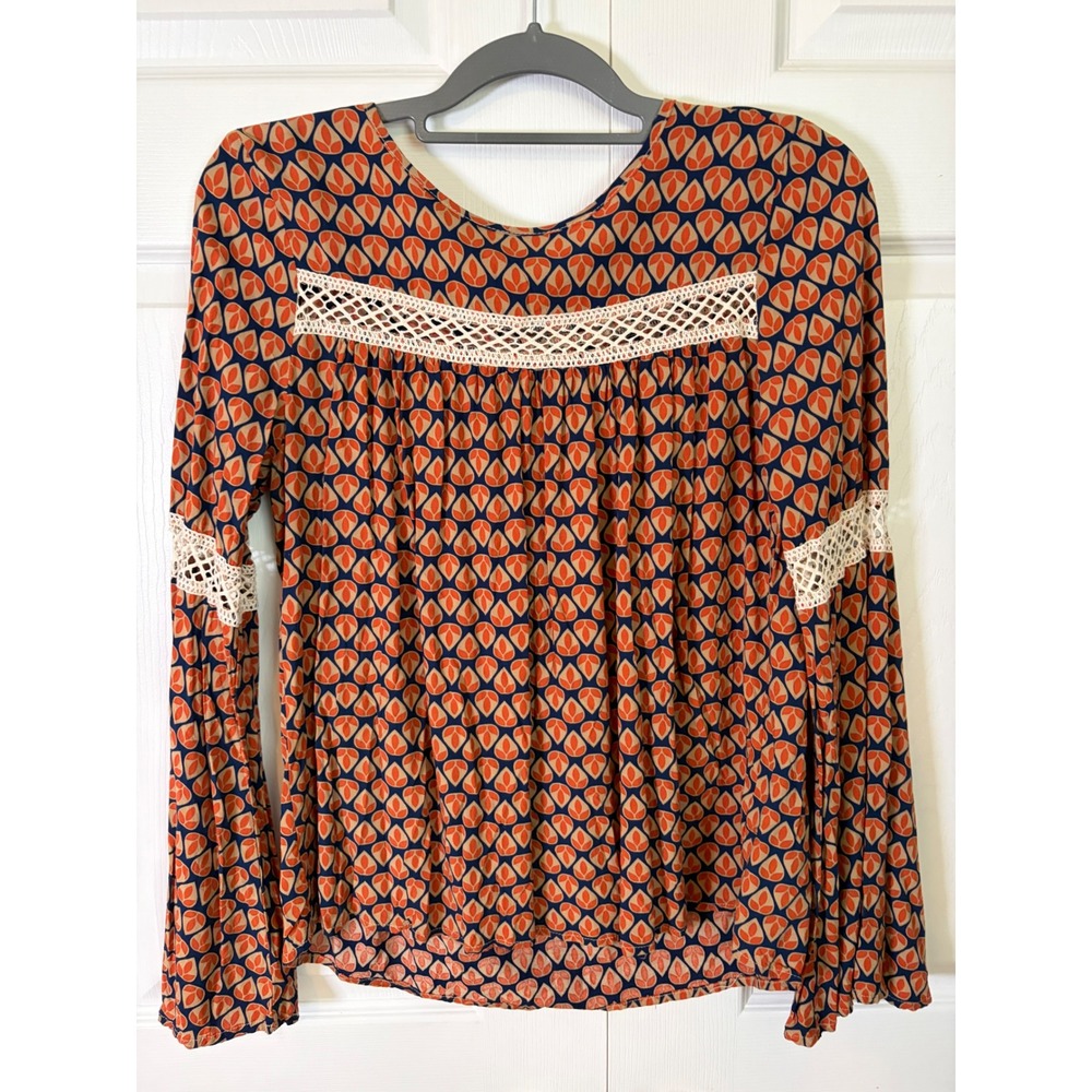 Mistic Prysm by Listicle Boho Bell Sleeve Crochet Lace Blouse Orange Navy Medium